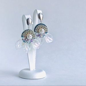 Floral Drop Earrings Blue Silver Pearl Crystal